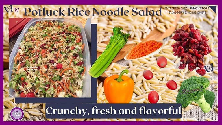 an image of a plastic container filled with Orzo Noodle Salad with lots of veggies, nuts and dried fruit