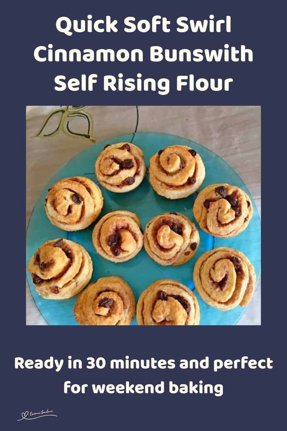 An image of Soft Swirl Cinnamon Buns on a blue platter