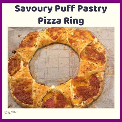 An image of a Savoury Puff Pastry Pizza Ring with salami and soft cottage cheese