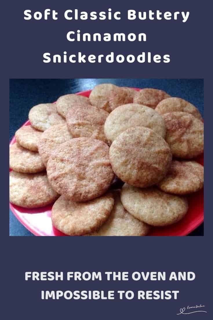 An image of a batch of round Classic Buttery Cinnamon Snickerdoodles on a red plate