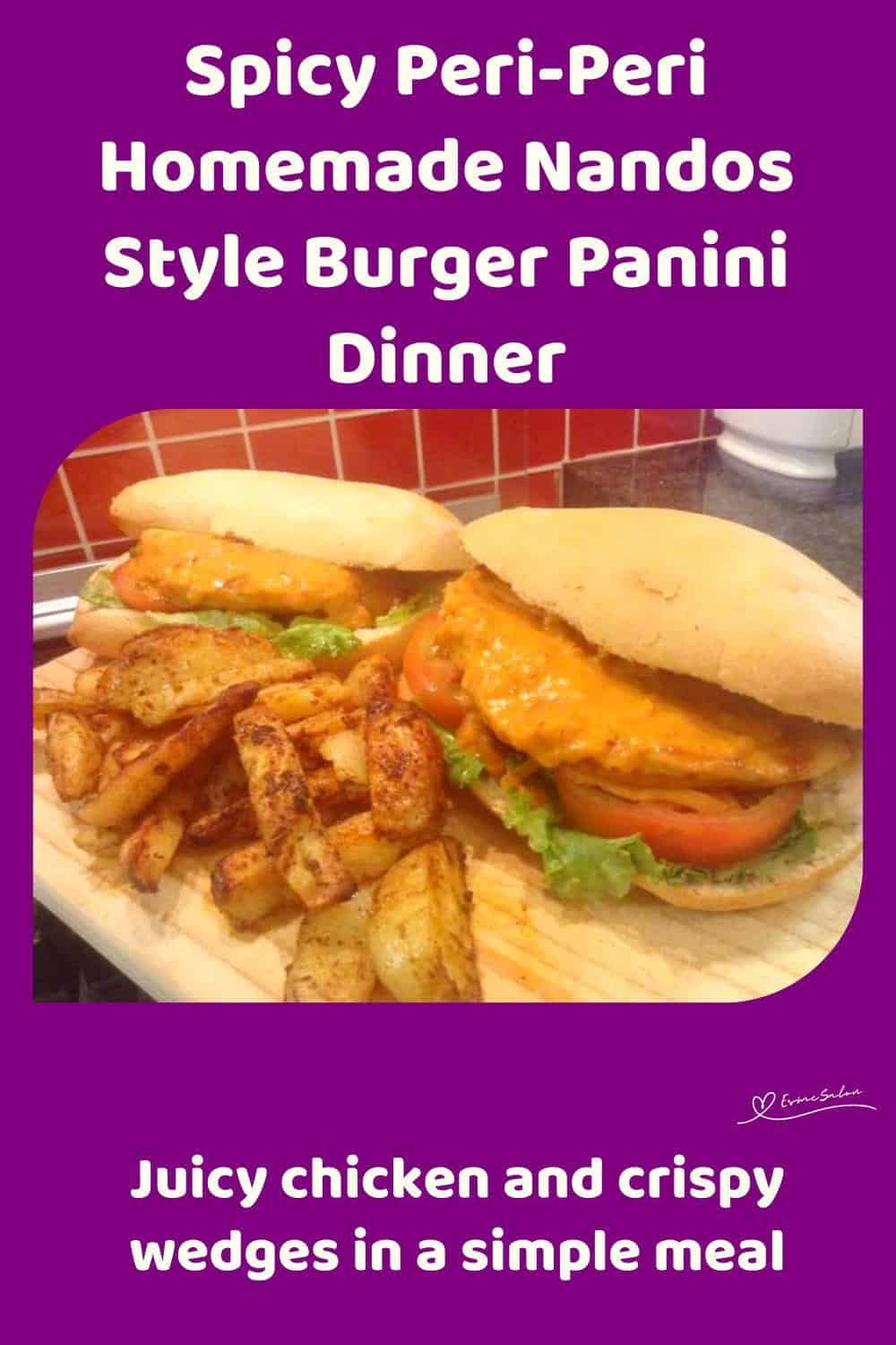 an image of Homemade Nandos Style Burger with potato wedges and sauce