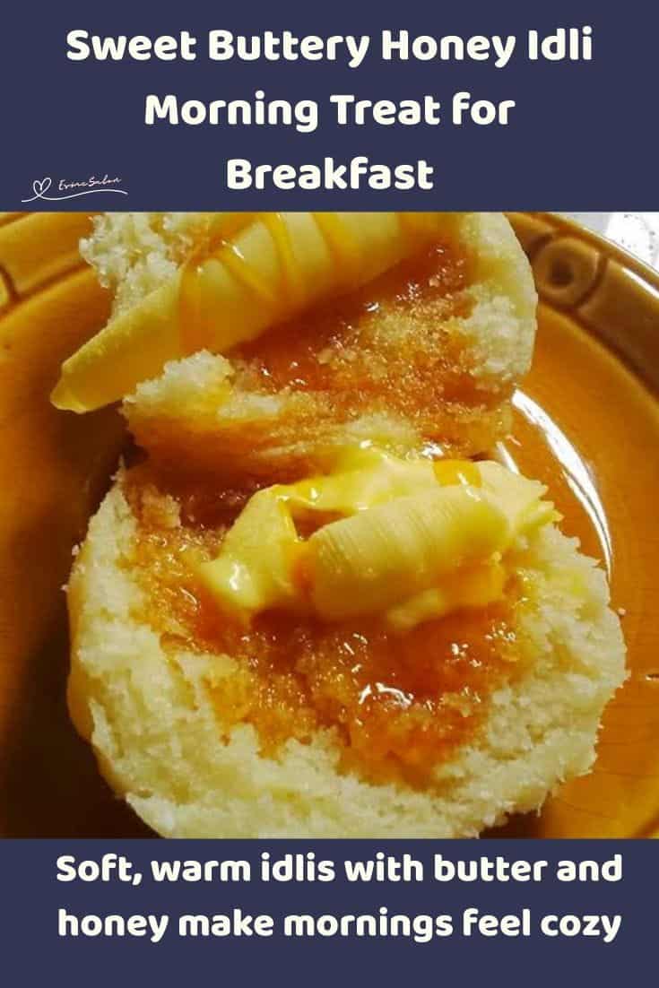 An image of Buttery Honey Idli Morning Treats cut open with honey and a butter curl