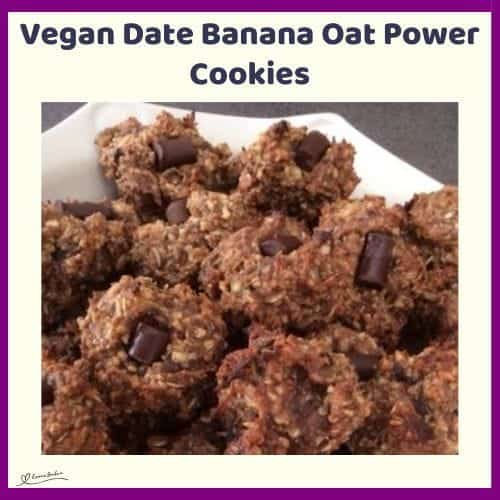 An image of a plate of Vegan Date Banana Oat Power Cookies witgh a chocolate pressed in the center