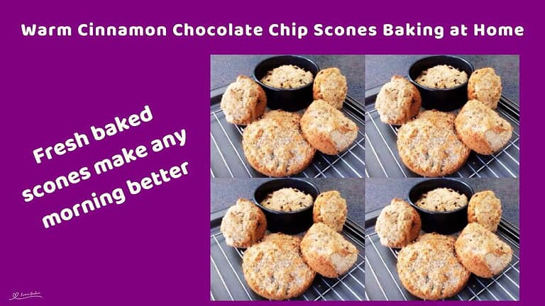 An image of Cinnamon Chocolate Chip Scones just out of the oven and cooling on a wire rack