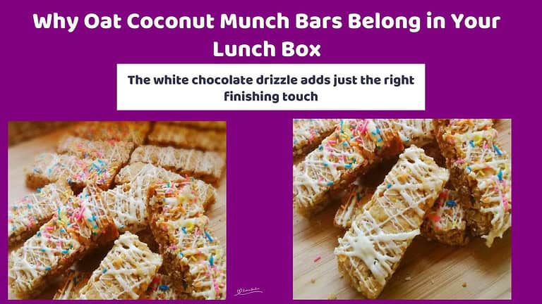 An image of a stack of Oat Coconut Munch Bars drizzled with white chocolate