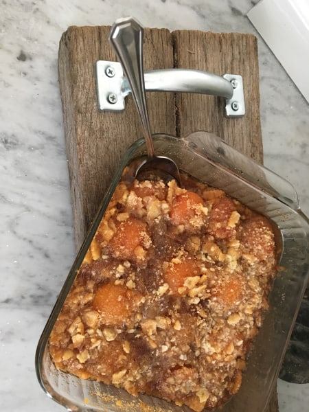 An apricot casserole with Ritz Crackers