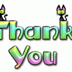 A Thank you .gif in yellow, green and pink with a tiny cat sitting on the T and K of the word Thank