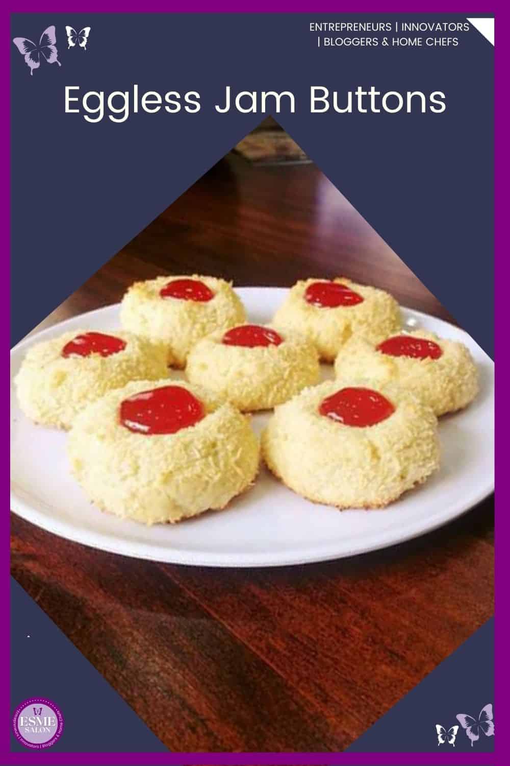 an image of Eggless Jam Buttons also called Thumbprint Cookies covered in coconut with a jam centre
