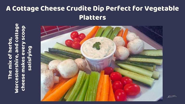 An image of a tub of Cottage Cheese Crudite Dip with fresh veggies arranged around it