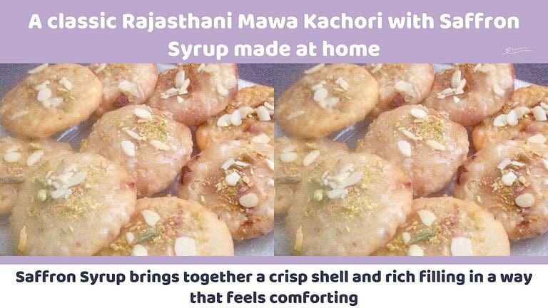 An image of a batch of Mawa Kachori with Saffron Syrup and sprinkled with sliced pistachios