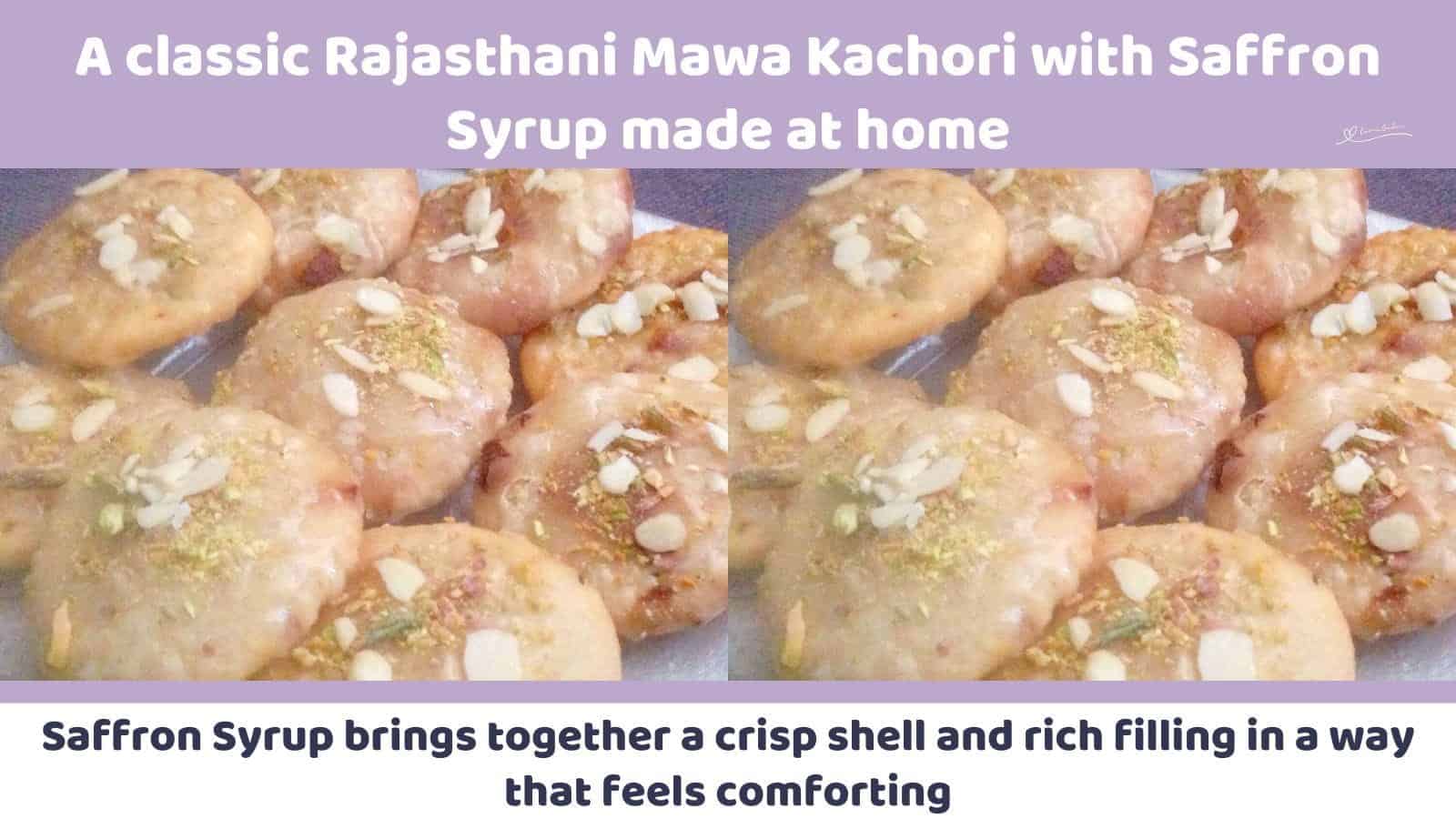 An image of a batch of Mawa Kachori with Saffron Syrup and sprinkled with sliced pistachios