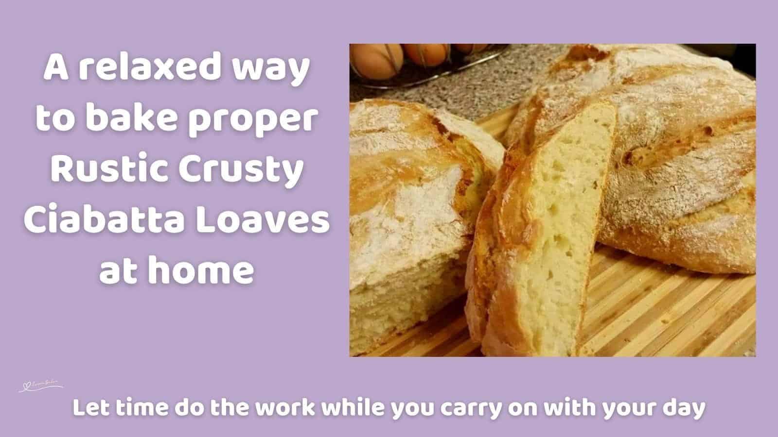 An image of 2 Rustic Crusty Ciabatta Loaves on a wooden cutting board
