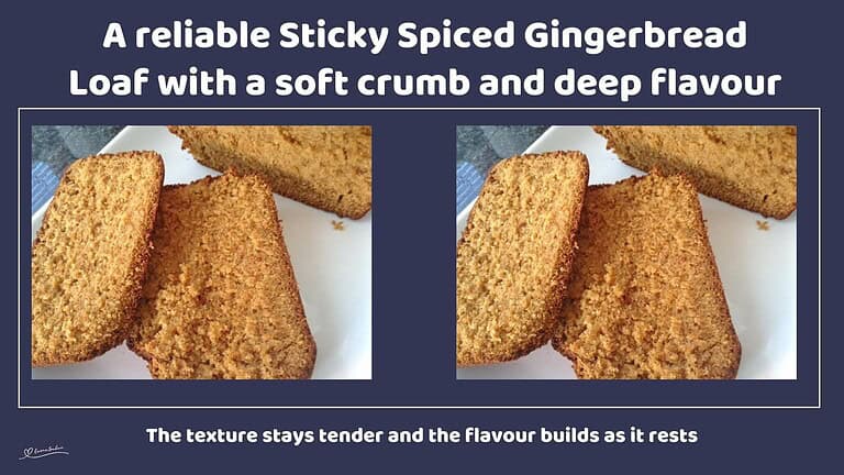 An image of slices of Sticky Spiced Gingerbread Loaf on a white platter