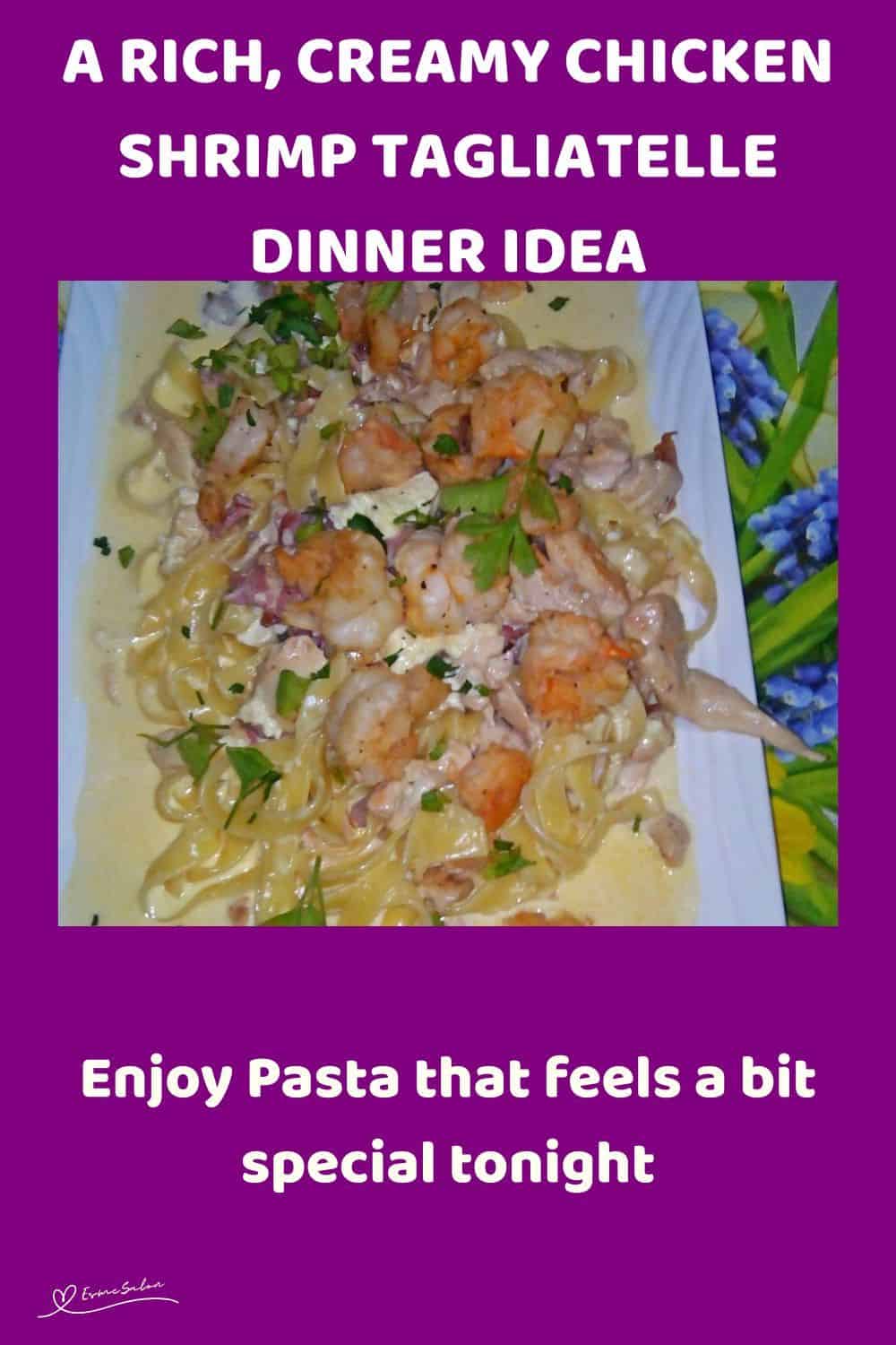 An image of a white platter with Creamy Chicken Shrimp Tagliatelle