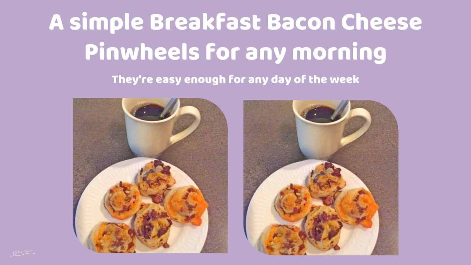 An image of 5 Breakfast Bacon Cheese Pinwheels on a white side plate with a cup of black coffee on the side