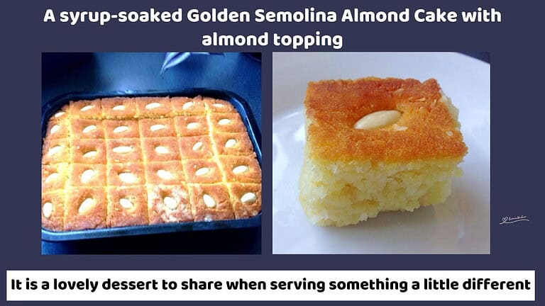 An image of a Golden Semolina Almond Cake in a baking pan, cut into squares with an almond on each