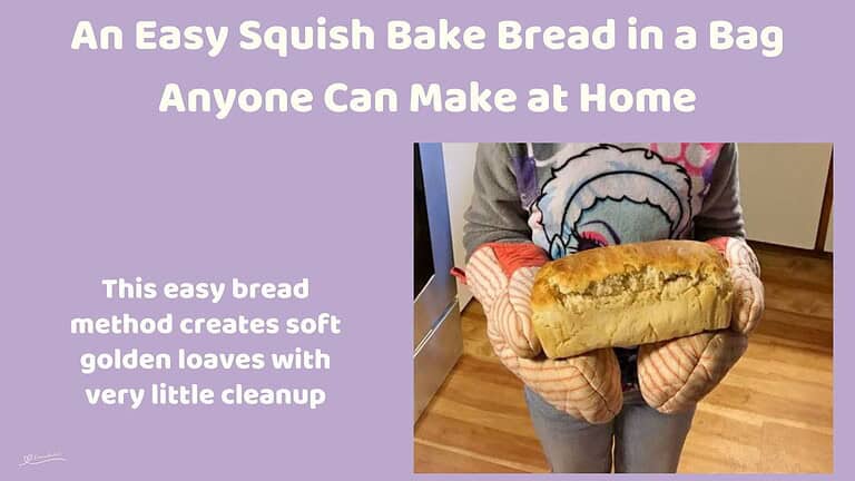An image of a young girl standing with a Squish Bake Bread in a Bag in her hands, fresh out of the oven