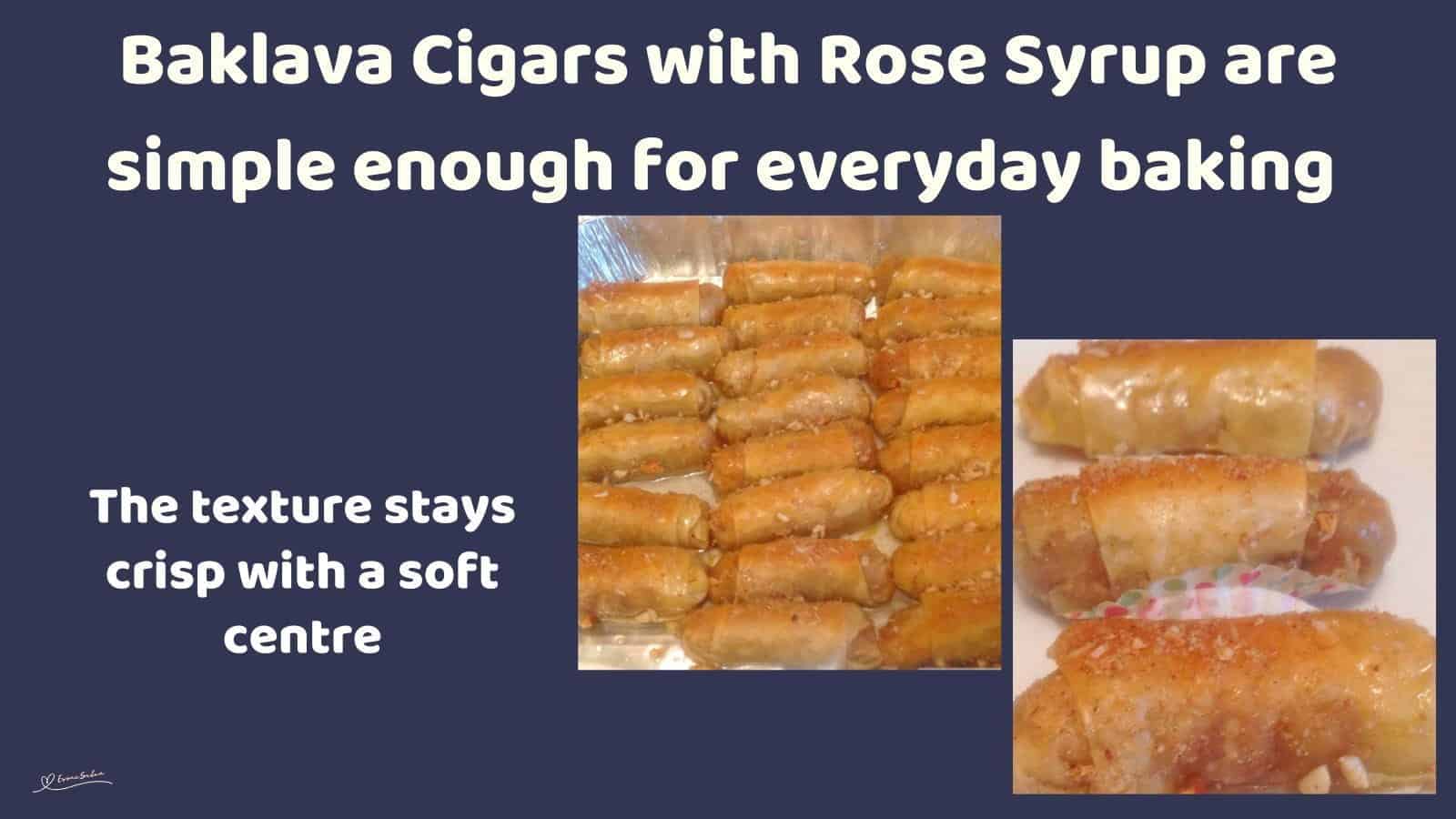 An image of Baklava Cigars with Rose Syrup in a tinfoil pan