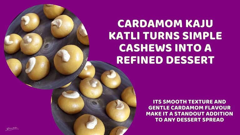 An image of round balls of Cardamom Kaju Katli decorated with a cashew nut
