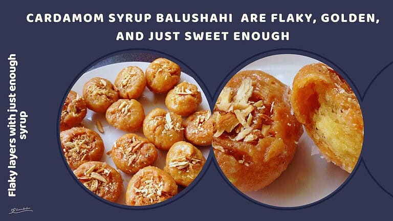 An image of an Indian sweet treat, Cardamom Syrup Balushahi