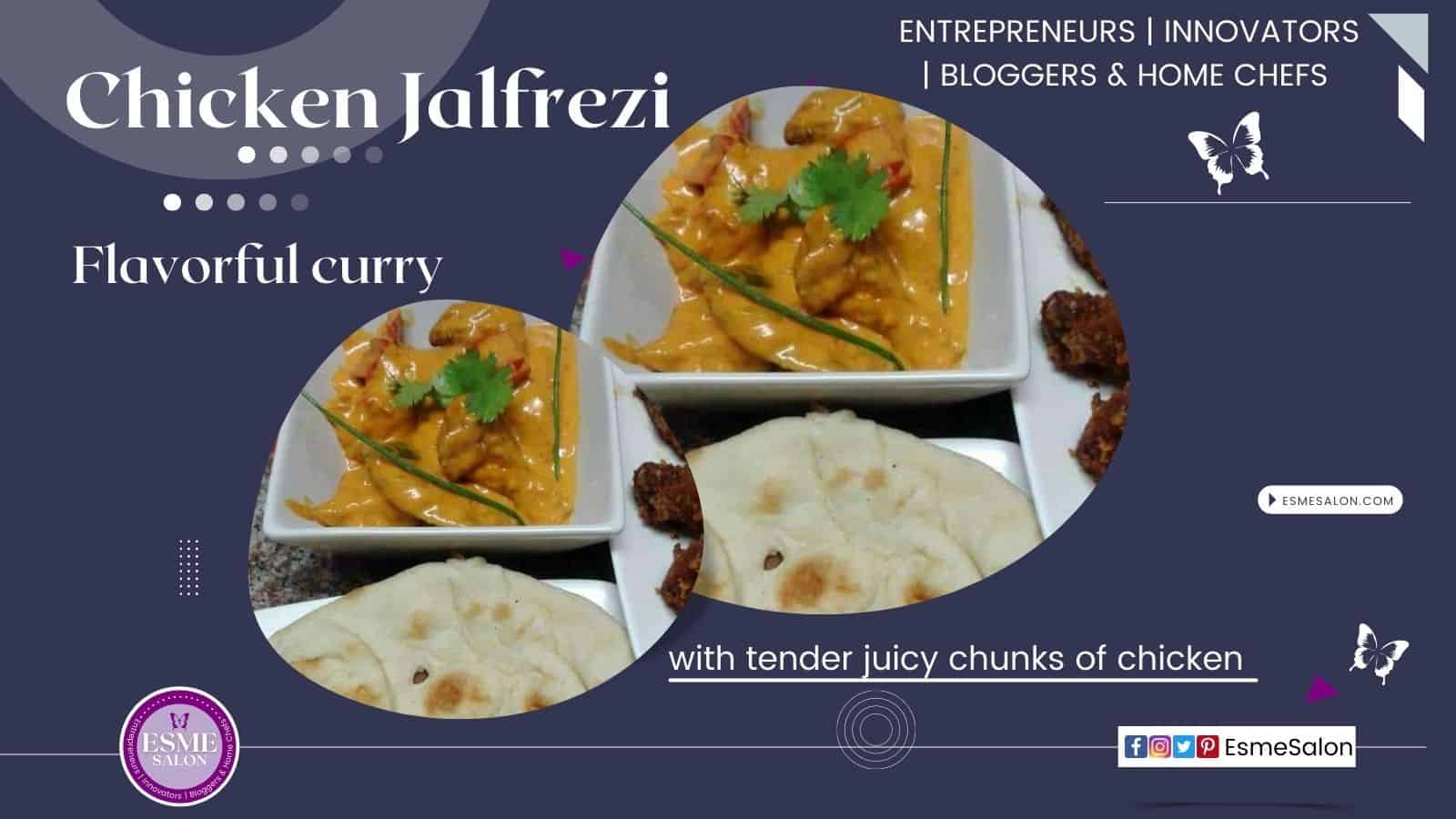 flavorful curry with tender juicy chunks of chicken in a spicy tomato sauce studded with stir-fried peppers and onions