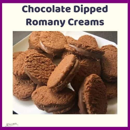 An image of a pile of Chocolate Dipped Romany Creams on a white plate