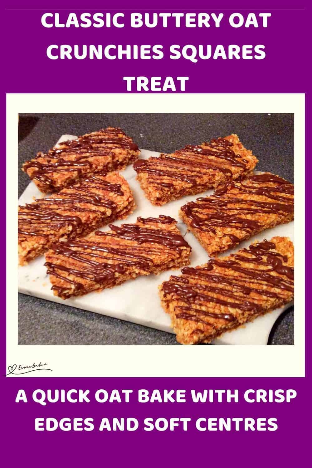 An image of a baking pan of Buttery Oat Crunchies Squares drizzled with chocolate