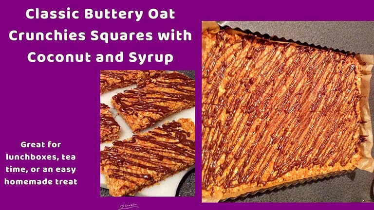 An image of a baking pan of Buttery Oat Crunchies Squares drizzled with chocolate