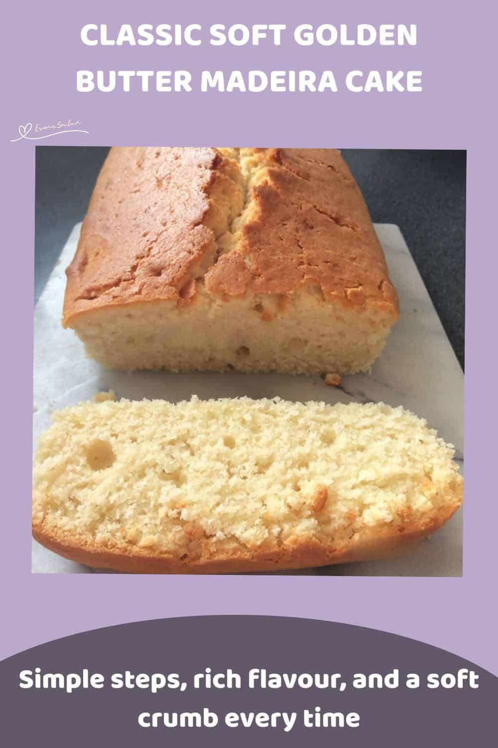 An image of a Golden Butter Madeira Cake, one plain and one with fruit and nuts