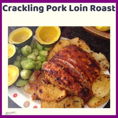 An image of Crackling Pork Loin Roast with roasted potato, Brussels Sprouts and squash