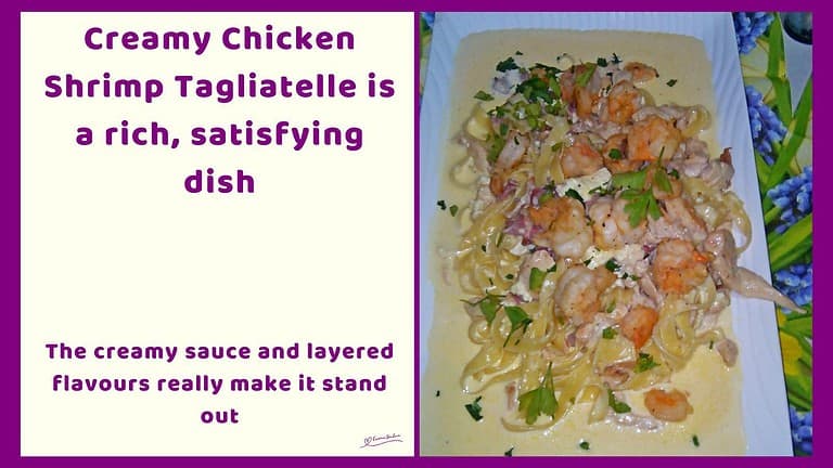 An image of a white platter with Creamy Chicken Shrimp Tagliatelle