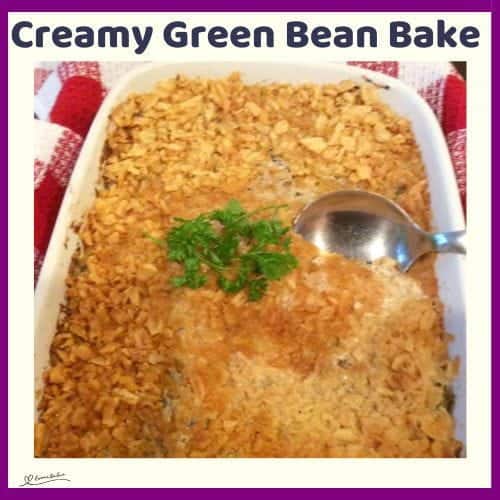 An image of a white dish with a baked Creamy Green Bean Bake