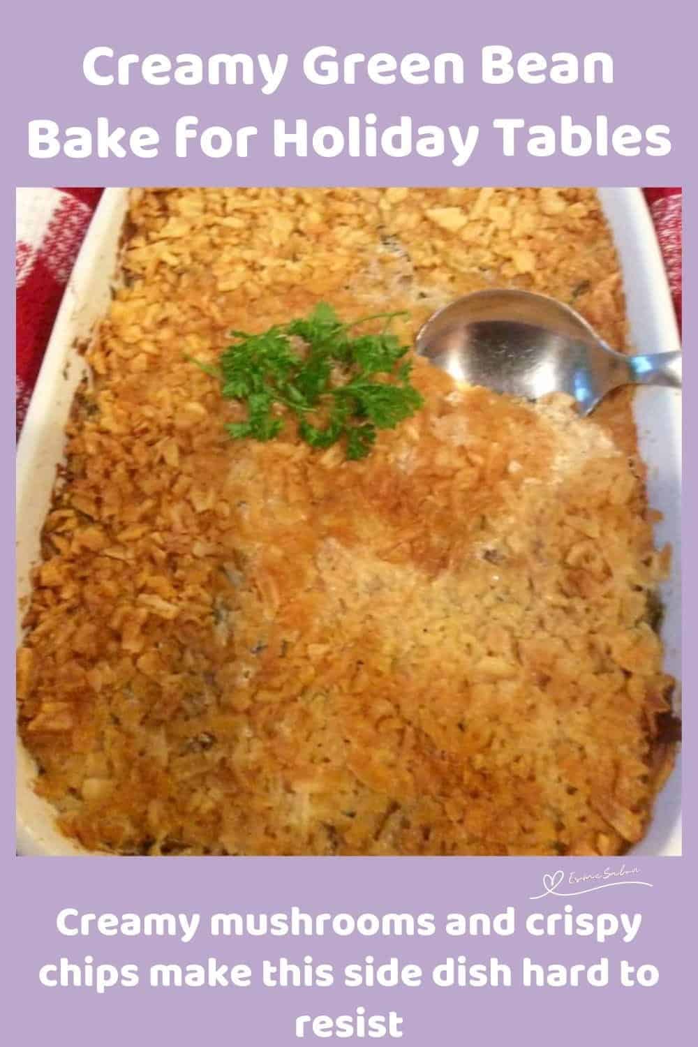 An image of a white dish with a baked Creamy Green Bean Bake