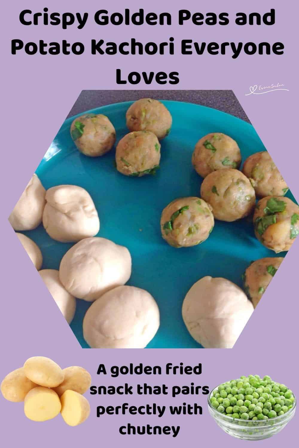 An image of a blue and red platter with Golden Peas and Potato Kachori