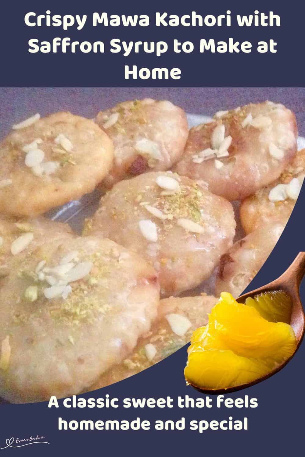 An image of a batch of Mawa Kachori with Saffron Syrup and sprinkled with sliced pistachios