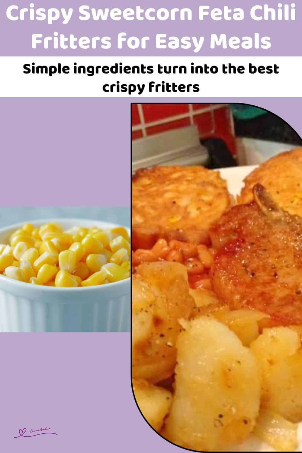 An image of Sweetcorn Feta Chili Fritters plated with meat and potatoes