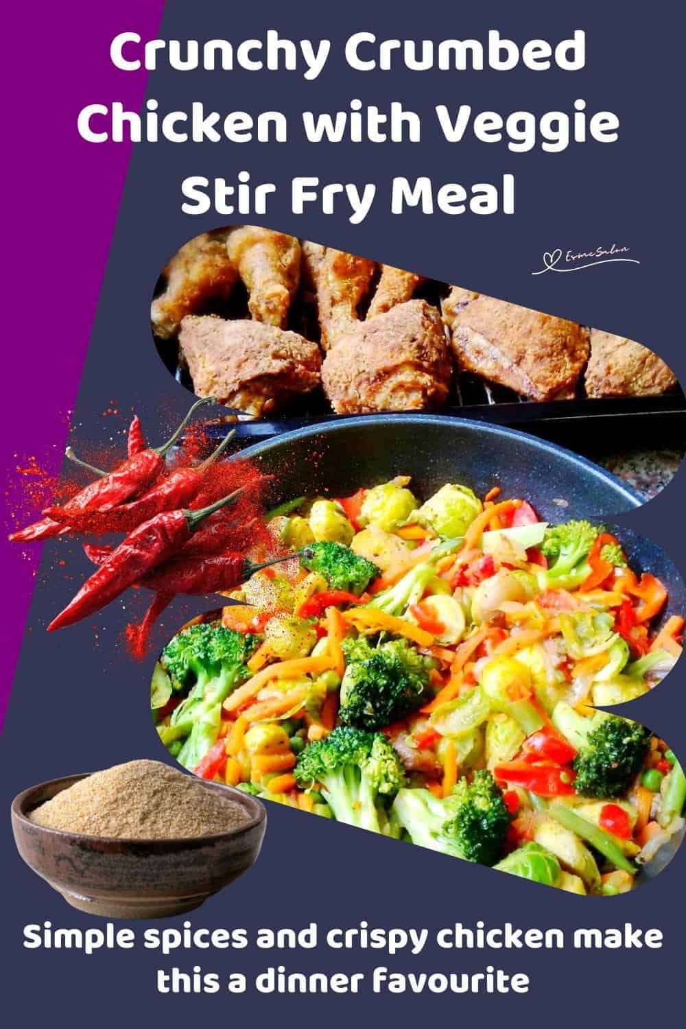 An image of a bowl and platter of Crumbed Chicken with Veggie Stir Fry