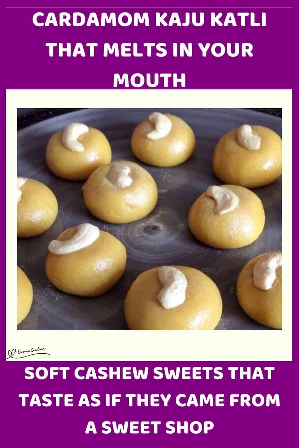 An image of round balls of Cardamom Kaju Katli decorated with a cashew nut