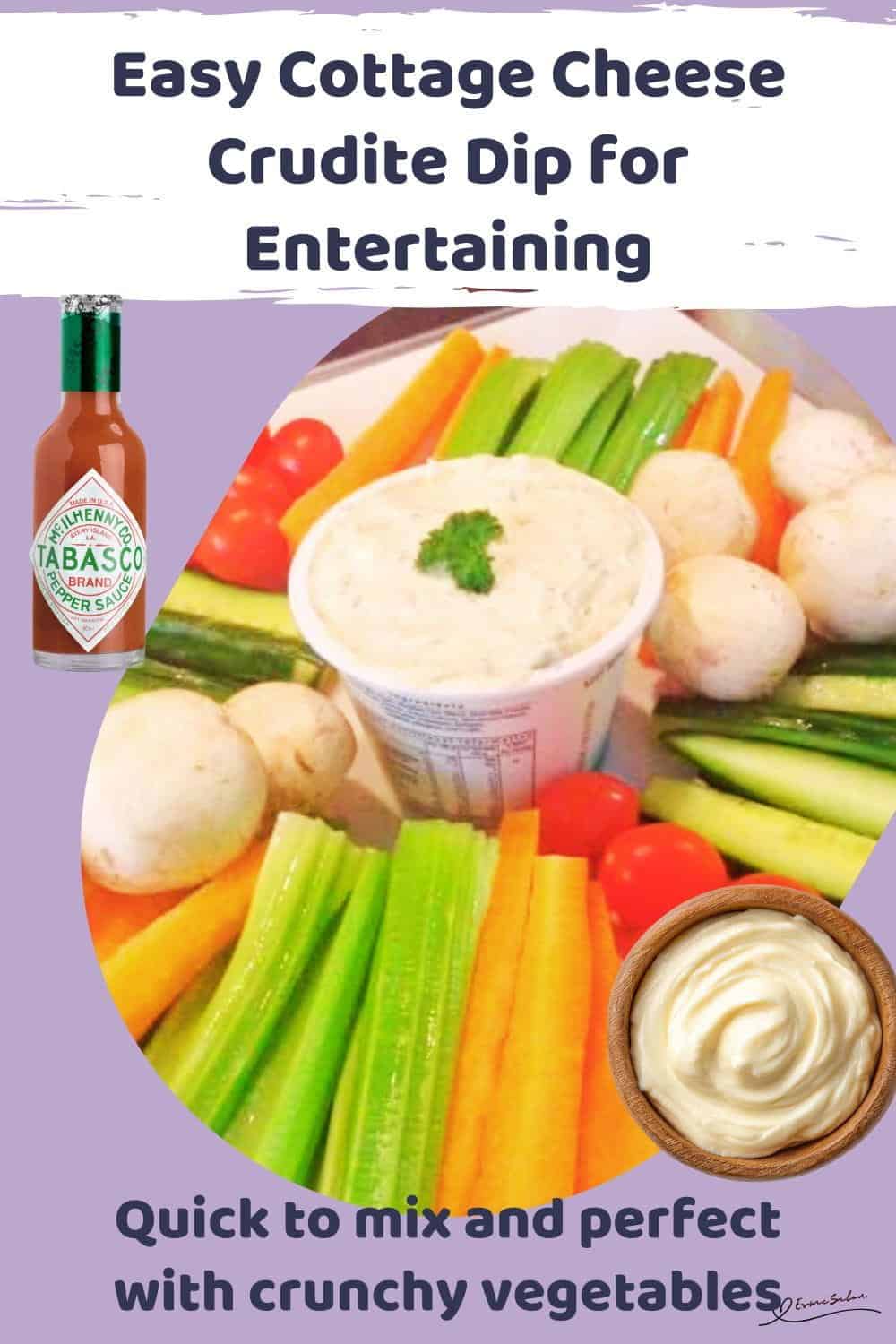 An image of a tub of Cottage Cheese Crudite Dip with fresh veggies arranged around it