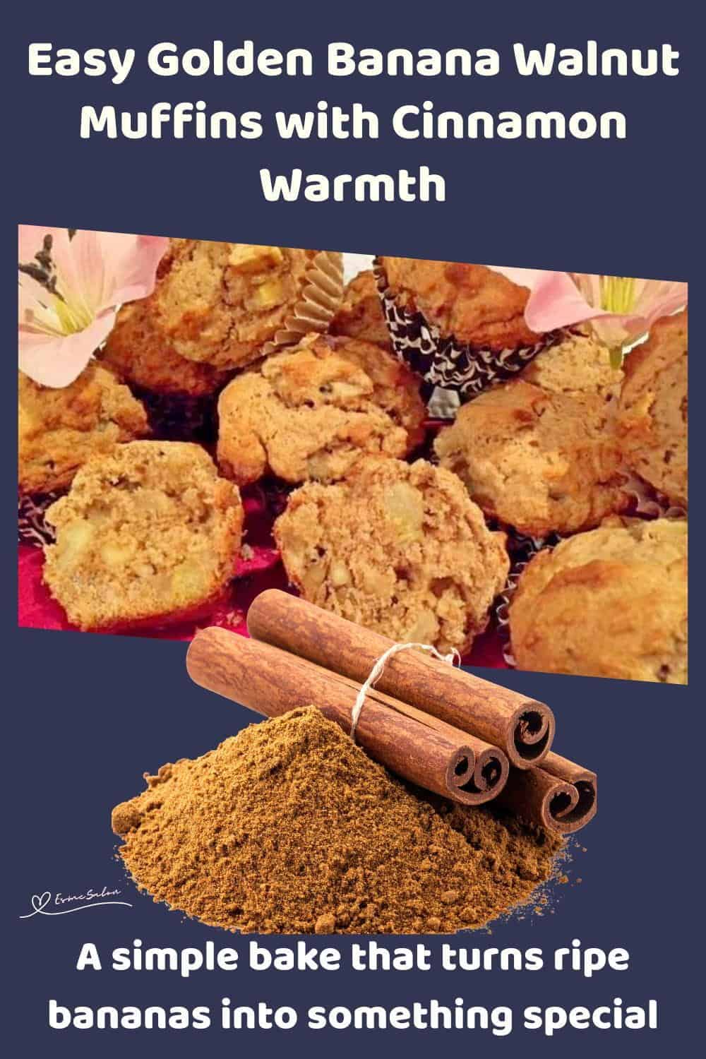 An image of a stack of Golden Banana Walnut Muffins