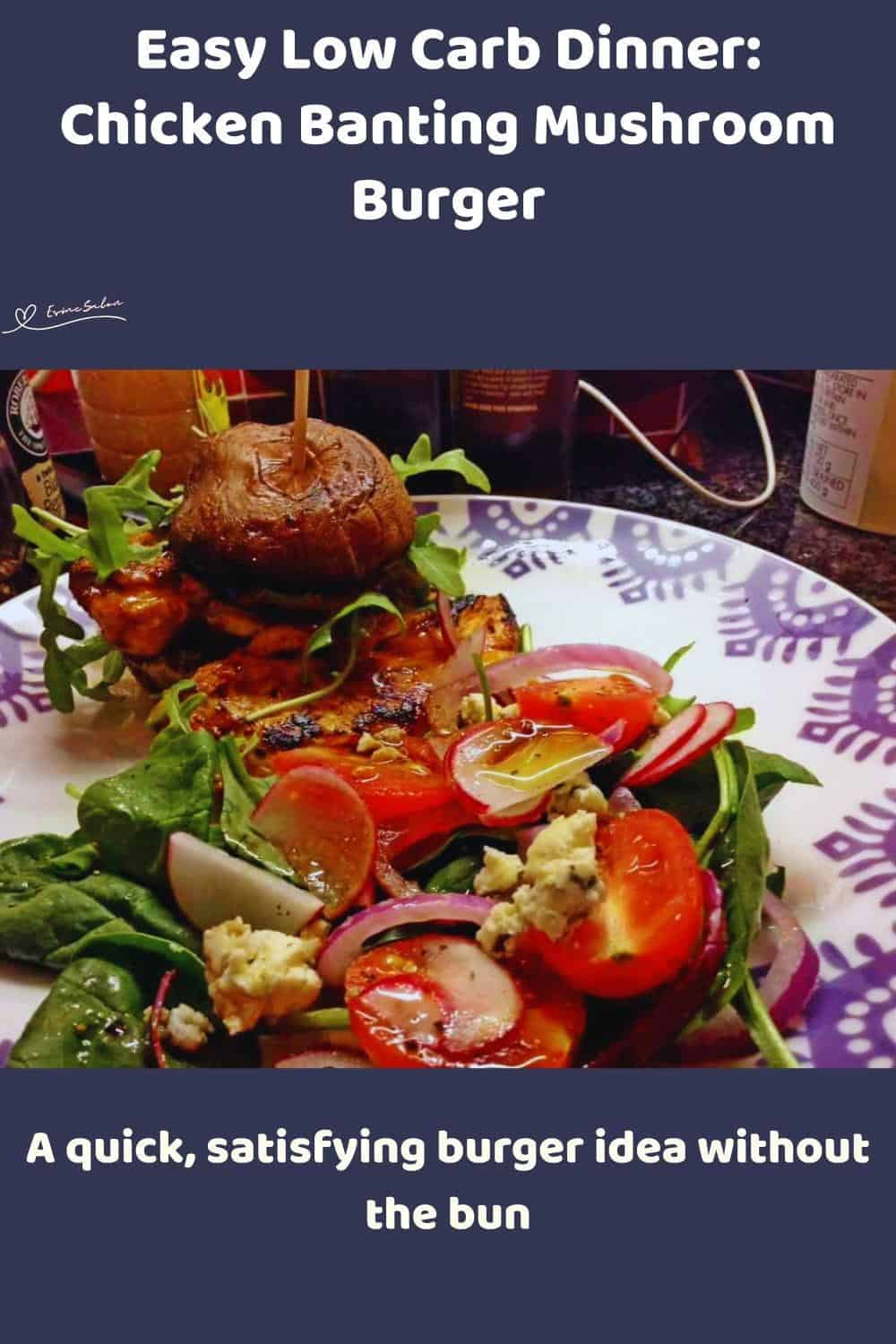 An image of a Chicken Banting Mushroom Burger with aubergine and a fresh salad