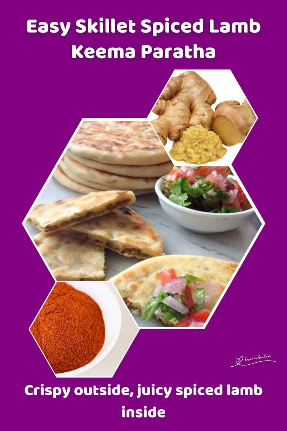 An image of flatbread, Spiced Lamb Keema Paratha on a white platter