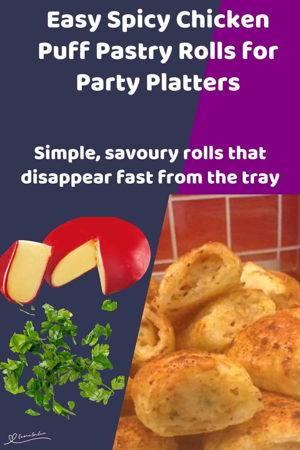 An image of a plate stacked with Spicy Chicken Puff Pastry Rolls