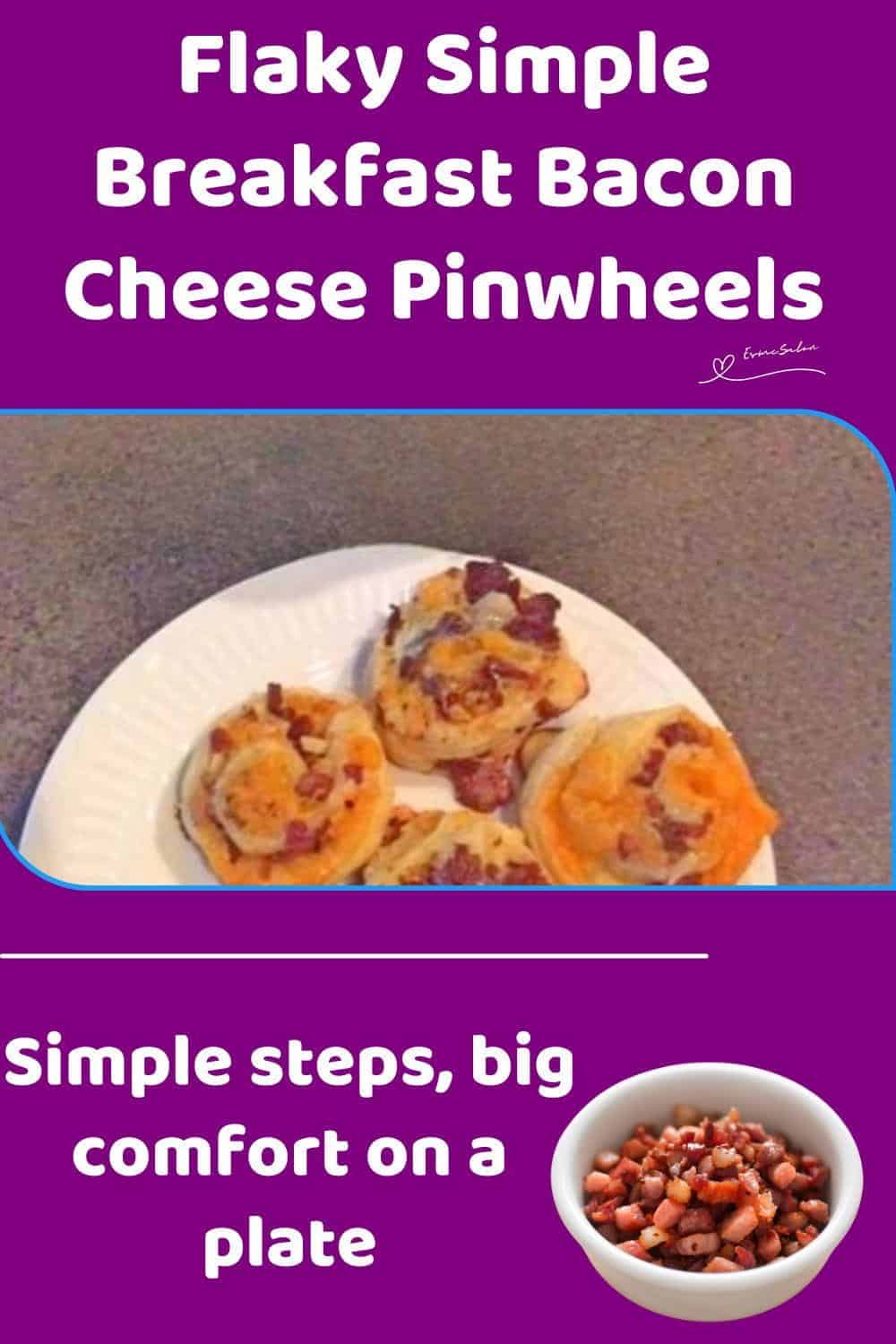 An image of 5 Breakfast Bacon Cheese Pinwheels on a white side plate with a cup of black coffee on the side