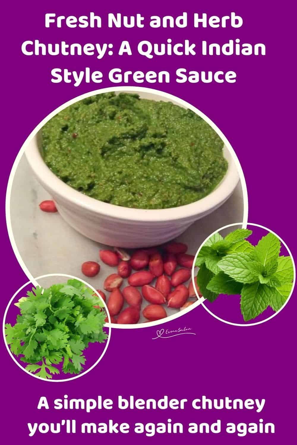 An image of a white bowl with Fresh Nut and Herb Chutney and nuts on the side