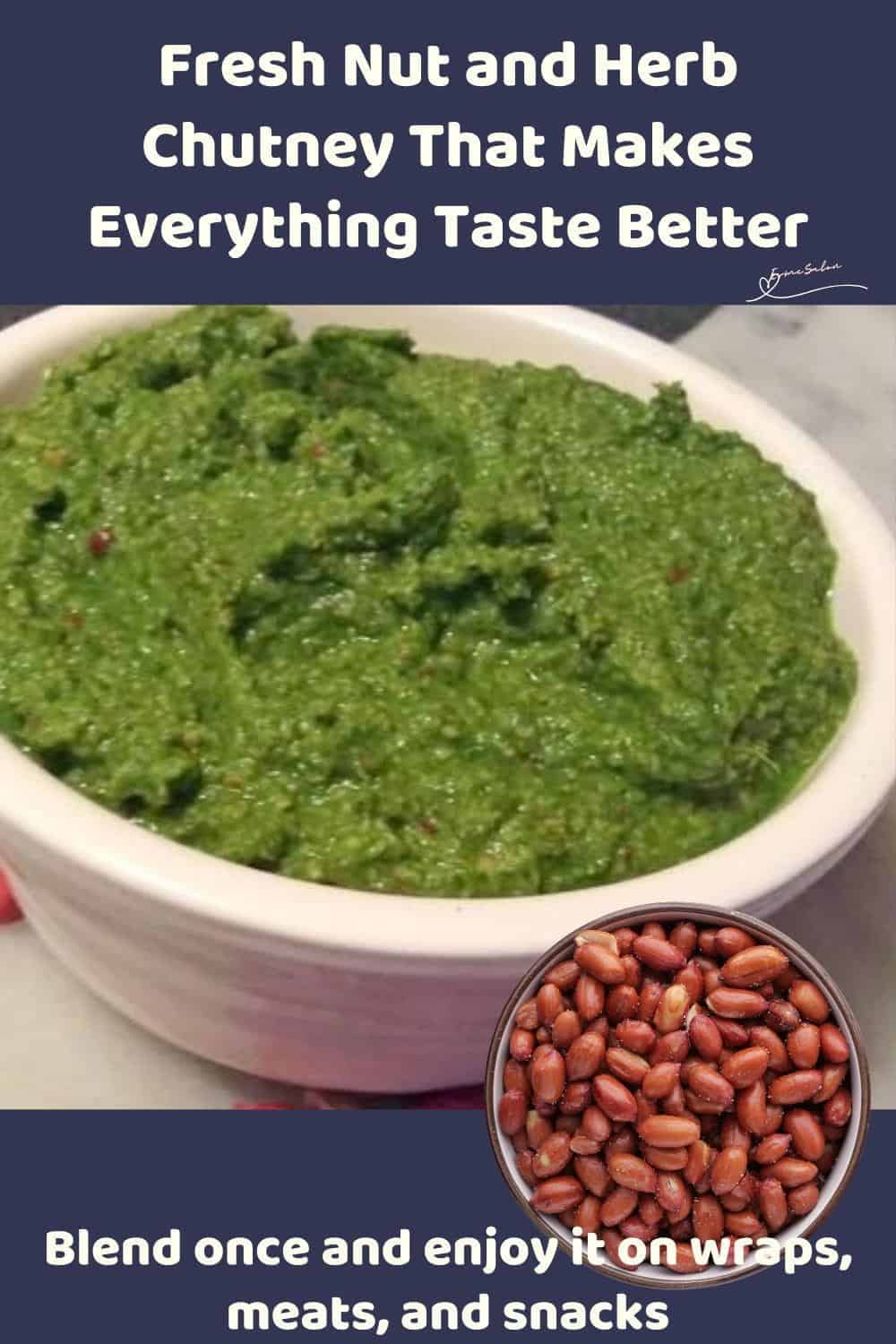 An image of a white bowl with Fresh Nut and Herb Chutney and nuts on the side