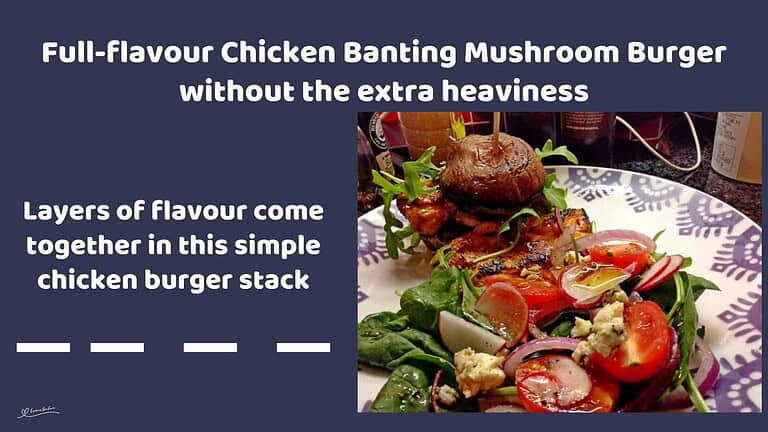 An image of a Chicken Banting Mushroom Burger with aubergine and a fresh salad