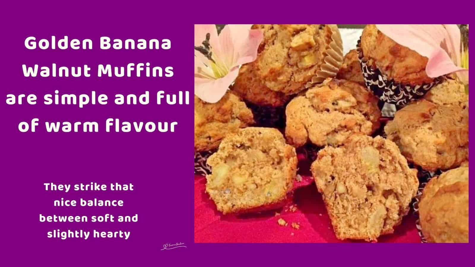 An image of a stack of Golden Banana Walnut Muffins