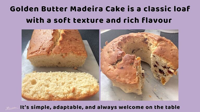 An image of a Golden Butter Madeira Cake, one plain and one with fruit and nuts