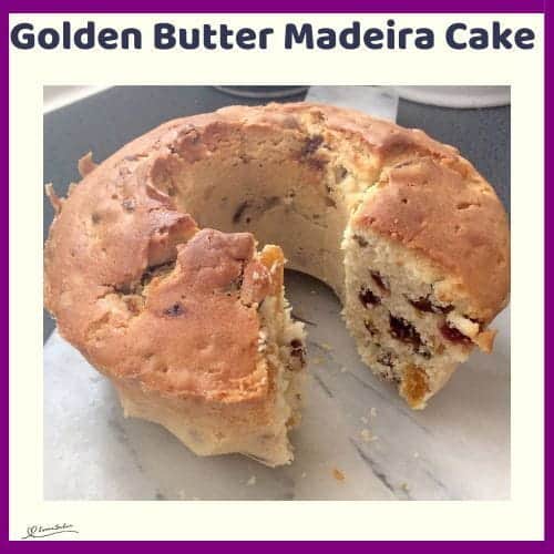 An image of a Golden Butter Madeira Cake, one plain and one with fruit and nuts